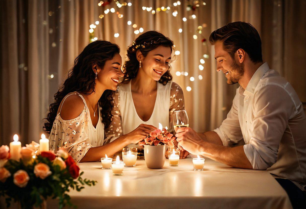 A cozy candlelit dinner table set for two, adorned with flowers and soft, ambient lighting. In the background, a couple sharing a tender moment, smiling and holding hands, evoking warmth and intimacy. Subtle heart motifs floating in the air, symbolizing love and connection, with soft bokeh effects enhancing the ambiance. romantic photography. warm tones.